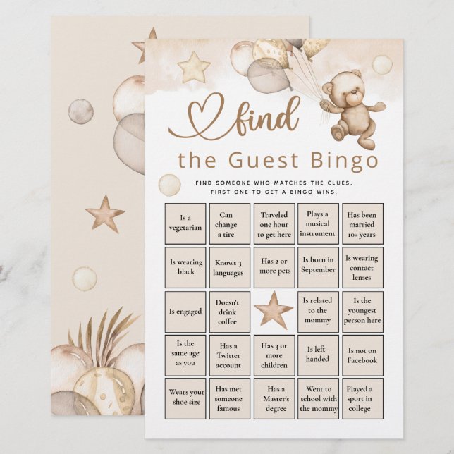 Papier Trouver L'Invité Bingo Bear Baby shower Jeu (Devant / Derrière)
