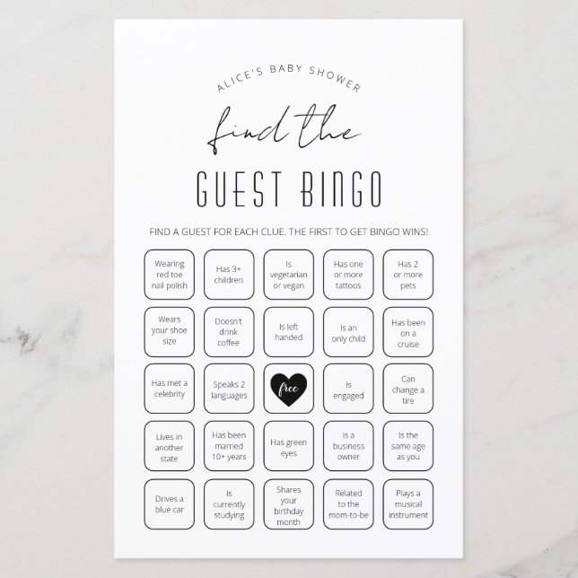 Papier Trouvez le jeu de Baby shower de Bingo invité (Devant)