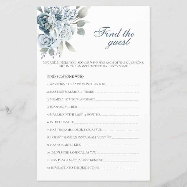 Papier Trouvez le jeu de Fête des mariées Florale invité (Devant)