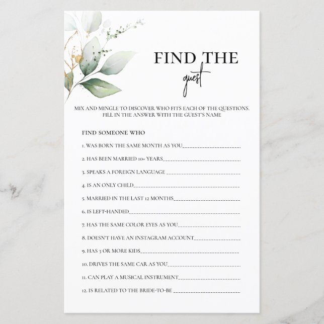 Papier Trouvez le jeu de mariage de verdure pour les invi (Devant)