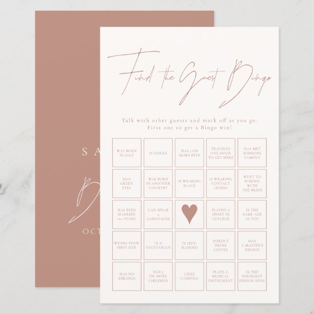 Papier Trouvez L'Invité Bingo Blush Pink Fête des mariées (Devant / Derrière)