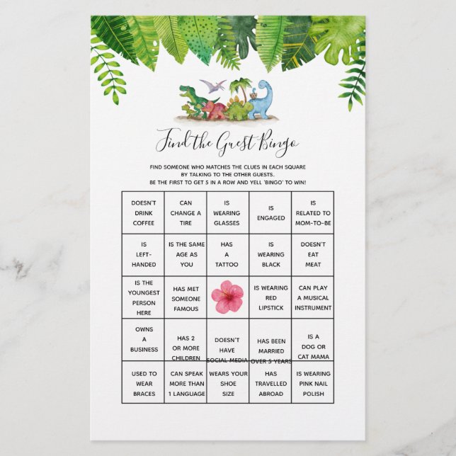 Papier Trouvez l'invité Bingo Dinosaur Baby shower jeu (Devant)