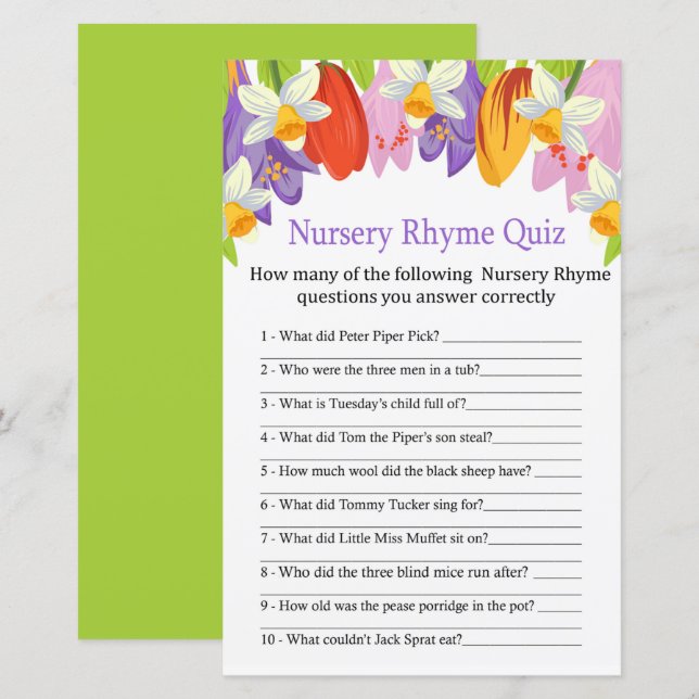 Papier Tulip Nursery Rhyme Quiz jeu de baby shower (Devant / Derrière)