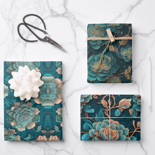 Papier Turquoise à effleurement floral Feuille pla (Recto)