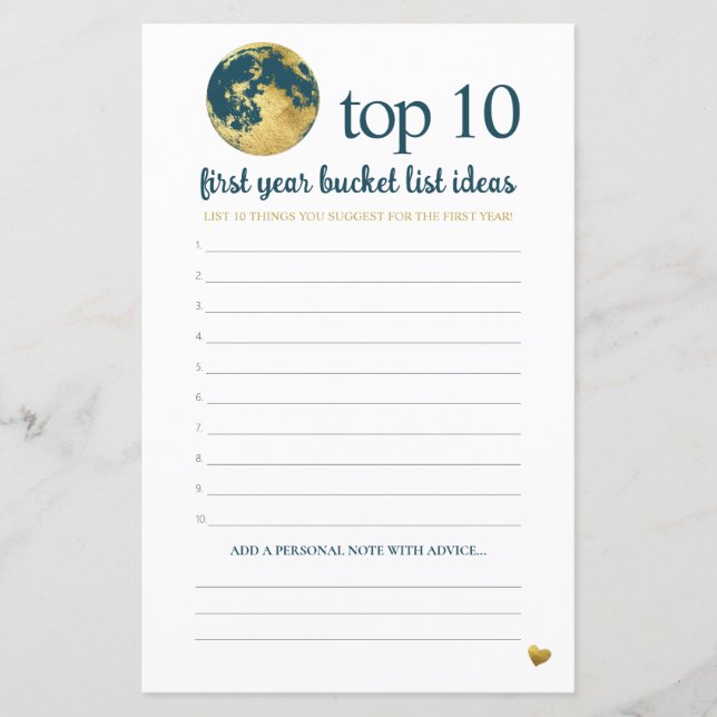 Papier Turquoise Aqua Gold Bucket List Conseil Baby showe (Devant)