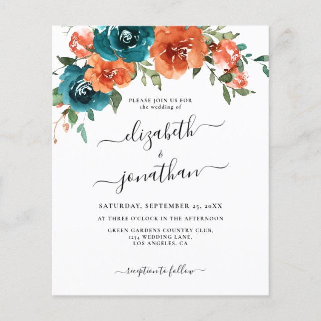 Papier Turquoise Burnt Orange Floral Budget Faire-part de (Devant)