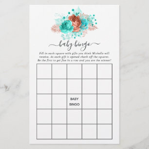 Papier Turquoise et Coral Rustique Floral Douche Bingo