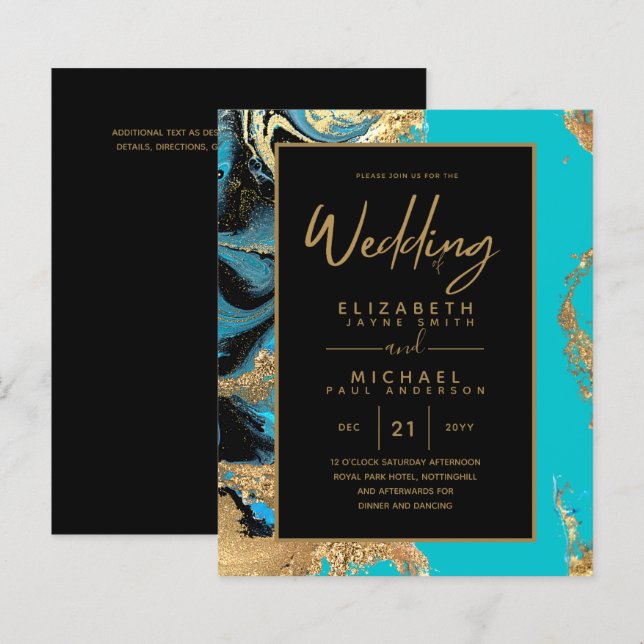 Papier Turquoise Gold Black Agate Budget Mariage Invite (Devant / Derrière)