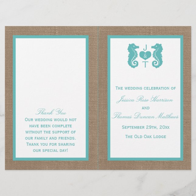 Papier Turquoise Seahorse Burlap Beach Wedding Collection (Devant)