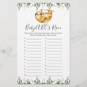 Papier Twin Sloths Baby shower ABC's Race Game