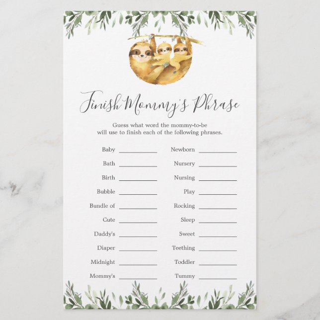 Papier Twin Sloths Baby shower Finish Mommy's Phrase Game (Devant)