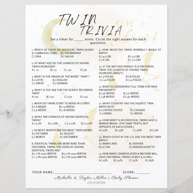 Papier Twin Trivia Jeu, Oh Babies Neutral Twin Stores (Devant)