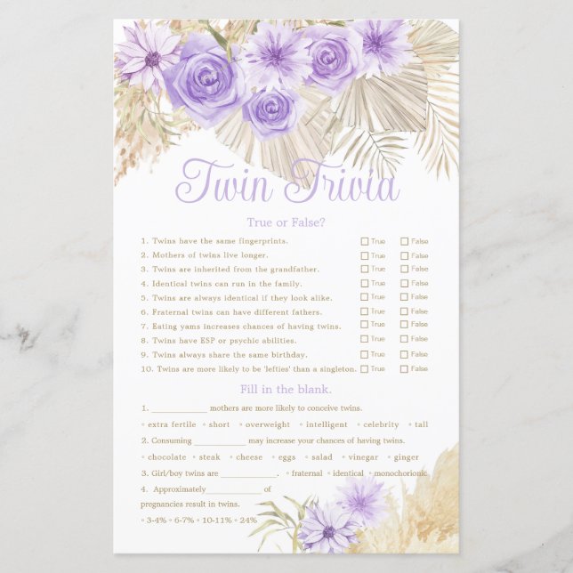 Papier Twin Trivia Jeu Pampas Lavender Baby shower Boho (Devant)