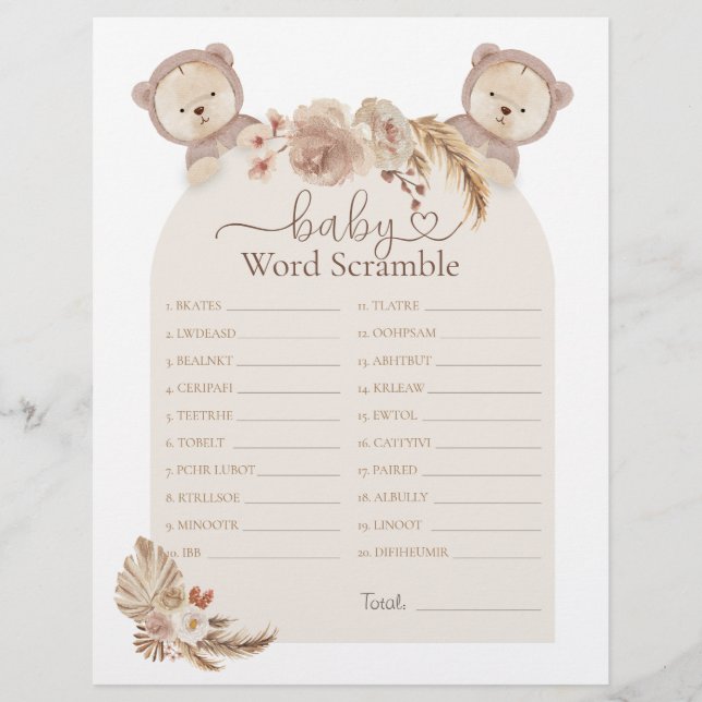 Papier Twins Teddy Bear Word Scramble Baby shower Jeu (Devant)