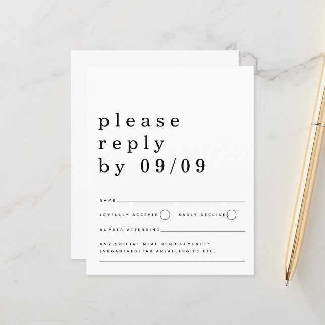 Papier Typographie du budget Noir Blanc Mariage RSVP (Devant/Arrière en situation)