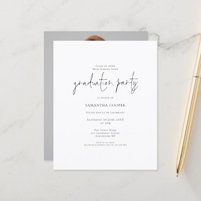 Papier Typographie du budget Photo Grad Party Invitation (Devant/Arrière en situation)