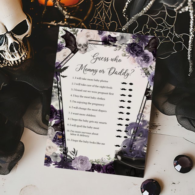 Papier Un bébé est en train d'apprendre qui maman ou papa (Floral Gothic Coffin A Baby is Brewing Baby Shower Guess Who Mommy or Daddy Game)