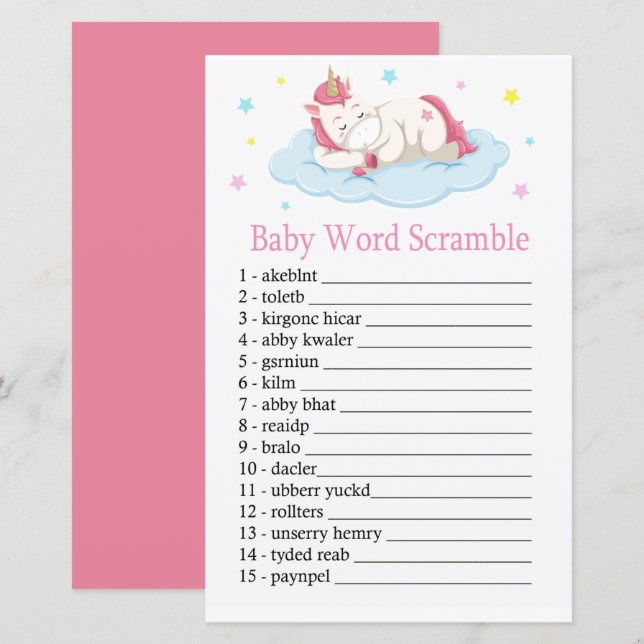 Papier Unicorn Baby mot scramble jeu (Devant / Derrière)