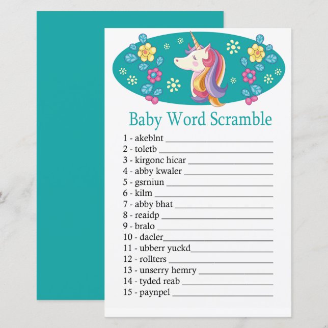 Papier Unicorn Baby mot scramble jeu (Devant / Derrière)