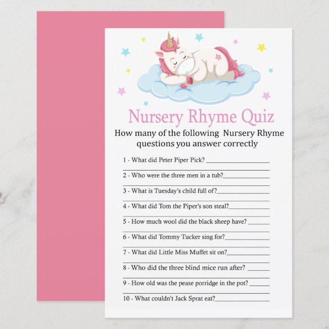 Papier Unicorn Nursery Rhyme Quiz jeu de baby shower (Devant / Derrière)