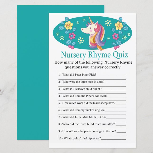 Papier Unicorn Nursery Rhyme Quiz jeu de baby shower (Devant / Derrière)