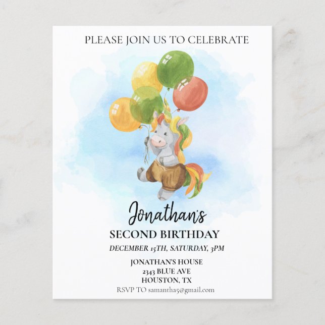 Papier Unicorne d'anniversaire avec ballons aquarelle (Devant)