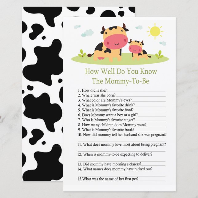Papier Vache Connaissez-vous bien le jeu du baby shower (Devant / Derrière)
