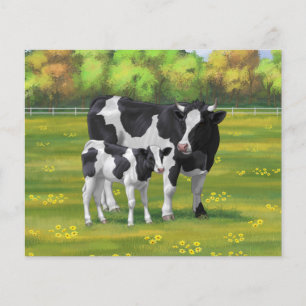 Papier Vache Holstein et veau mignon en pâturage d'été