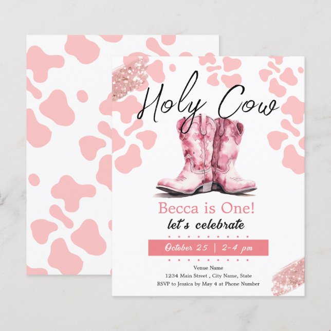 Papier Vache sacrée 1ère Bottes de Cowgirl Fille Annivers (Devant / Derrière)