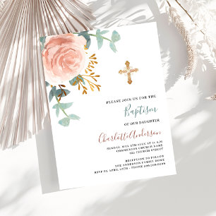 Papier Végétation rose or cross budget baptême invitation