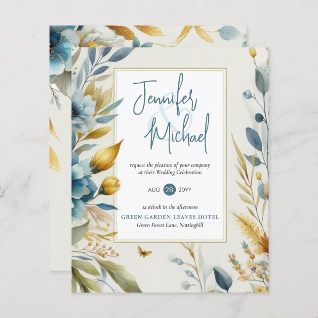 Papier VENTE ! Invitations turquoises de mariage floral (Devant / Derrière)