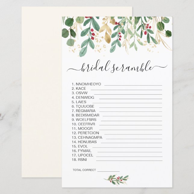 Papier Verdure Foliage Word Scramble Fête des mariées Jeu (Devant / Derrière)