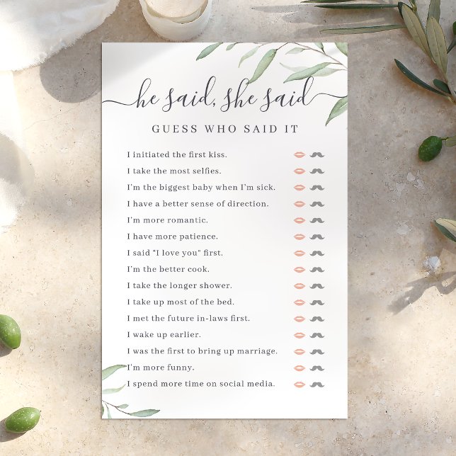 Papier Verdure Il a dit Elle a dit jeu de douche nuptiale (Greenery He said She said bridal shower game)