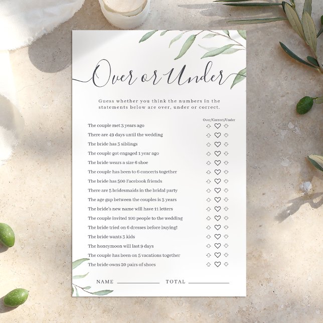 Papier Verdure minimale sur ou sous la douche nuptiale (Minimal greenery Over or Under bridal shower game)