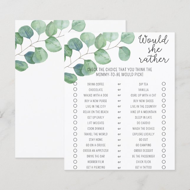 Papier Verdure - Plairait-Elle Plutôt Baby shower Jeu (Devant / Derrière)