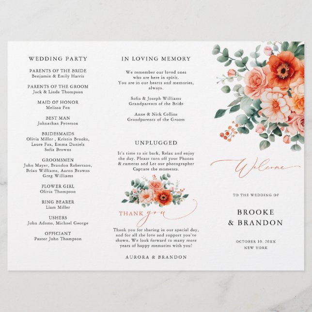 Papier Verona Sunset Bright Orange Moderne Mariage Progra (Devant)