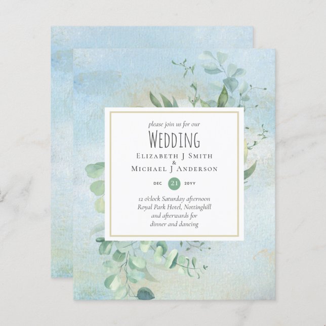 Papier Vert Eucalyptus Bleu Mariage BUDGET Invitations (Devant / Derrière)