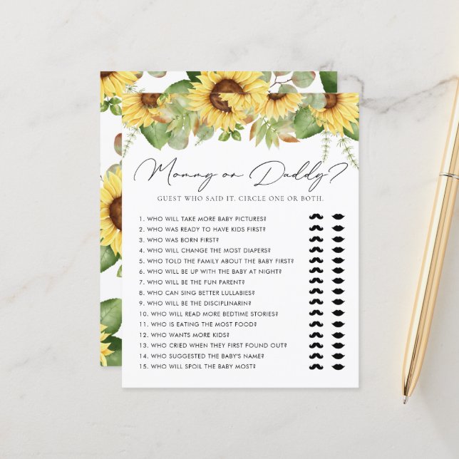 Papier Vert tournesol maman ou papa Baby shower jeu (Devant/Arrière en situation)