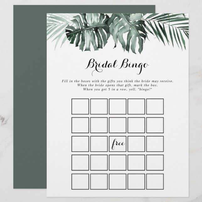 Papier Vert tropical Blanc Floral Bridal Jeu de Bingo (Devant / Derrière)