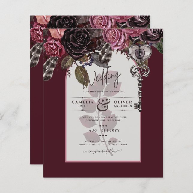 Papier Vin de Bourgogne Floral Mariage Automne INVITATION (Devant / Derrière)
