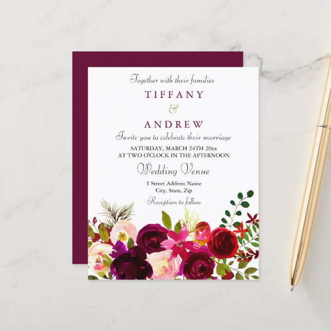 Papier Vin rouge de Bourgogne Faire-part de mariage budgé (Devant/Arrière en situation)