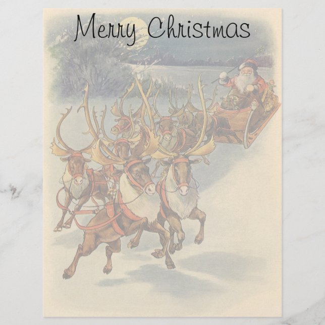 Papier Vintage Noël Père Noël Sleigh avec Reindeer (Devant)