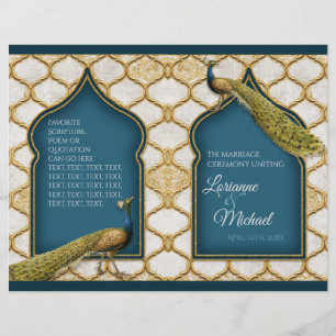 Papier Vintage Peacock Blue n White Gold Wedding Programm