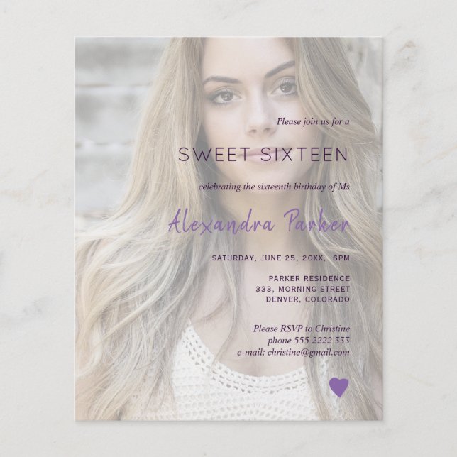 Papier Violet violet simple sweet sixteen photo invitatio (Devant)