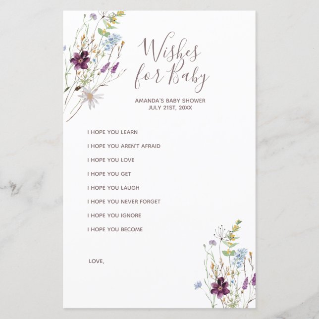 Papier Voeux d'aquarelle fleur sauvage pour bébé (Devant)