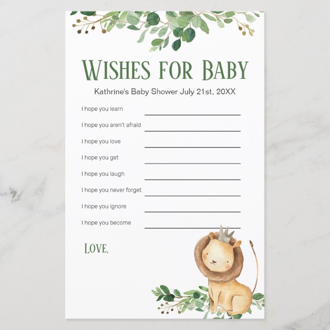Papier Voeux pour bébé Prince Lion vert Floral (Devant)