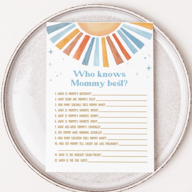 Papier Voici le Baby shower Fils qui connaît le meilleur  (Boho Sunshine Baby Shower Who knows Mommy Best Game)
