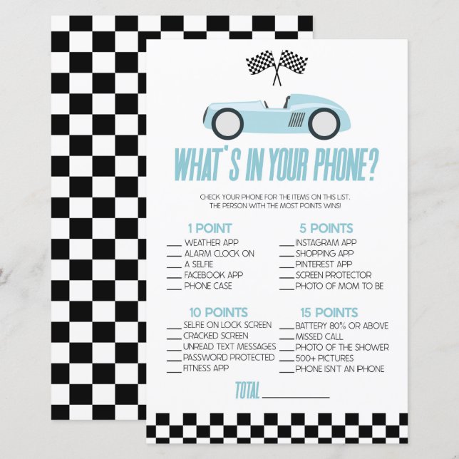 Papier Voiture Blue Race Dans Votre Téléphone Baby shower (Devant / Derrière)