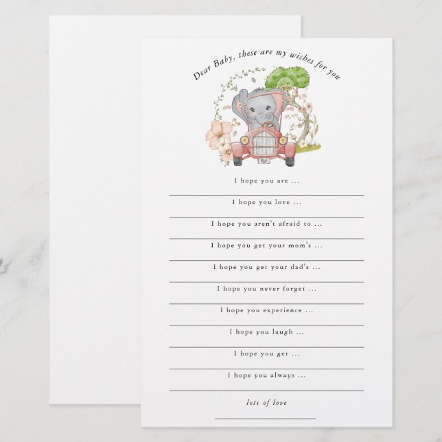 Papier Voiture Eléphant mignonne souhaits de Baby shower (Devant / Derrière)