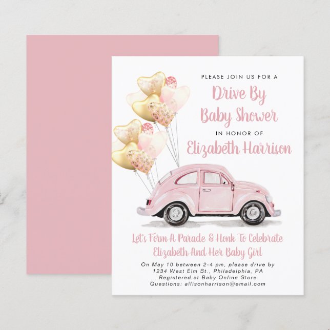 Papier Voiture rose Budget Par Baby shower Invitation (Devant / Derrière)